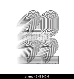 2022 Happy New Year. Abstract geometric cover design background. 3d dimensional 2022 numbers in thin lines striped style vector illustration. Banner, Stock Vector