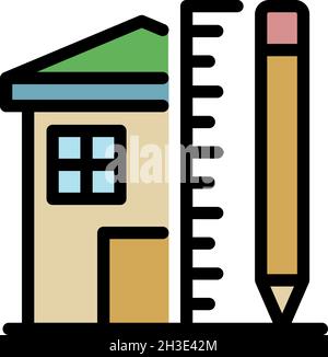 House pencil and ruler icon. Outline house pencil and ruler vector icon color flat isolated Stock Vector