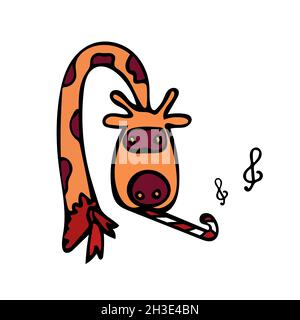 An orange giraffe with a red scarf plays music on a pipe. Notes fly out. Vector illustration in cartoon style. Stock Vector