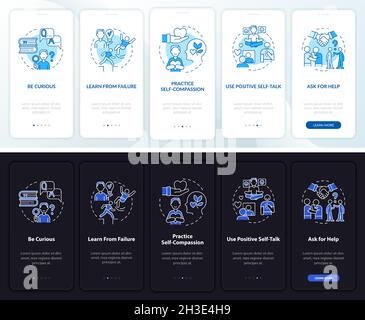 Happiness mind strategy light, dark onboarding mobile app page screen Stock Vector