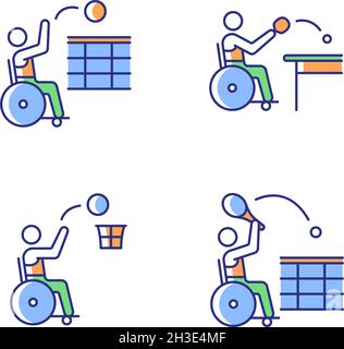 Adaptive wheelchair sports RGB color icons set Stock Vector