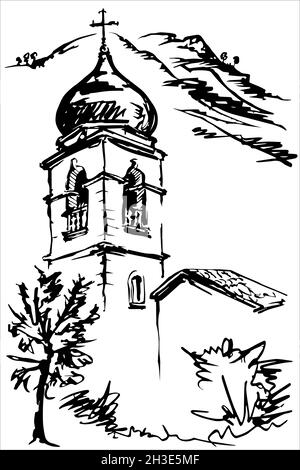 Fragment church against the backdrop of a mountain range. Black and white sketch. Stock Vector