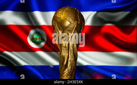 October 6, 2021, San Jose, Costa Rica. FIFA World Cup against the background of the flag of Costa Rica. Stock Photo