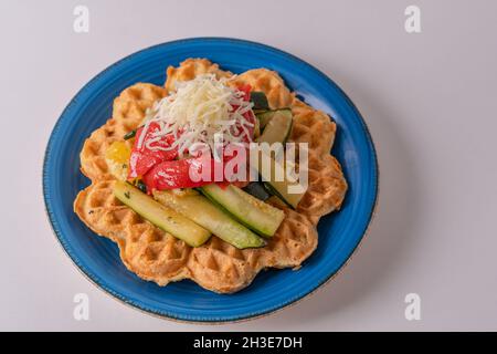 vegan waffles with fruit, vegetables and almond flour batte