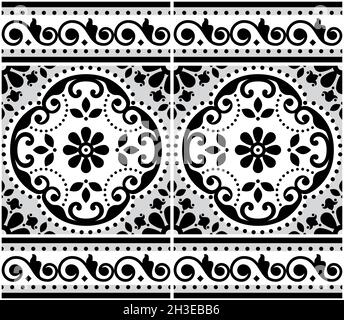 Lisbon Azulejo tiles seamless vector pattern with frame or border, Portuguese black and white retro design with flowers, swirls and geometric shapes Stock Vector