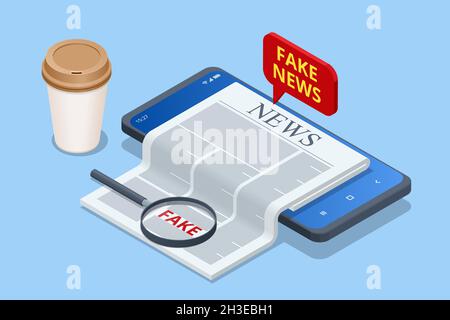 Isometric Fake News Concept. Fake Newspaper Portal. Online Corona Fake news on a mobile phone. Stock Vector