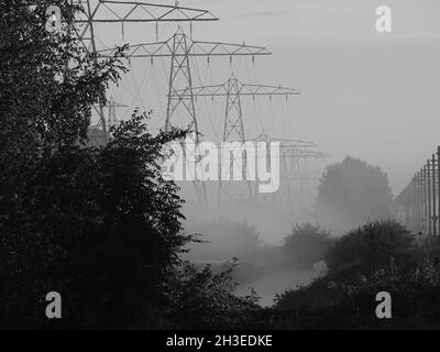 black and white photo of a foggy day, on the left are high-voltage pylons and on the right is a train track with associated poles, with trees in the f Stock Photo