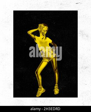 Contemporary art collage of woman with antique statue head in gold isolated over black and white background Stock Photo