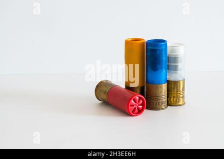 12 gauge shotgun shells used for hunting isolated on a white background Stock Photo