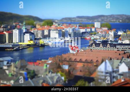 BERGEN, NORWAY - Oct 28, 2021: Bergen, Norway, May 2015: Tilt-shift of city harbor in Bergen, Norway Stock Photo