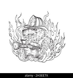Dog or Wolf Fireman Aiming Fire Hose Wearing Firefighter Helmet with Smoke and Fire Tattoo Drawing Stock Photo