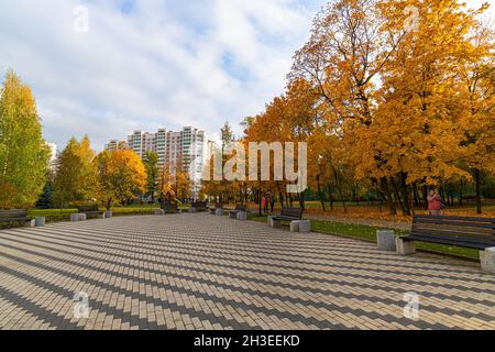 Moscow, Russia - October 2. 2021. The Golden autumn in Zelenograd Stock Photo