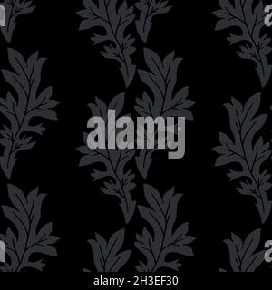 Acanthus leaf vector seamless pattern background. Elegant black grey monochrome backdrop with hand drawn stylized leaves. Trailing vertical foliage Stock Vector
