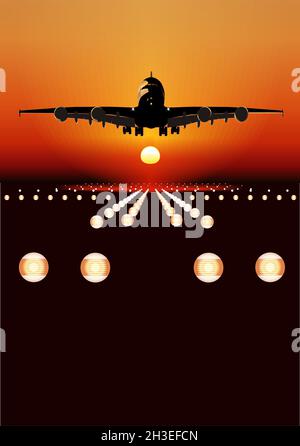 Airliner landing at skyline. Available EPS-8 vector format separated by groups and layers for easy edit Stock Vector