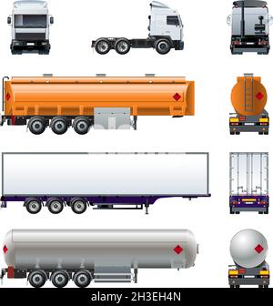 Vector realistic semitruck mock-up set isolated on white background for branding. Front, side, rear view. Available EPS-10 separated by groups and lay Stock Vector