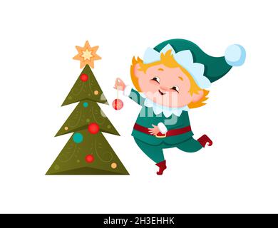 Santa's little green elf helper decorates the Christmas tree with red balls. Vector illustration ,cartoon style isolated on white background Stock Vector