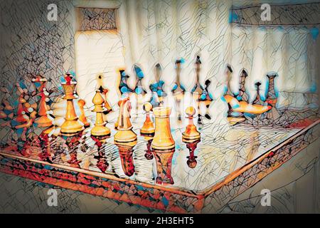 colorful chess figureson a blurred background and mosaic structure. Stock Photo