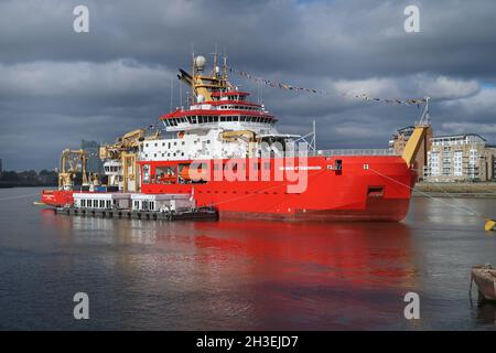 The newly completed polar research ship RSS Sir David Attenborough is moored on the River Thames at Greenwich, October 2021 Stock Photo