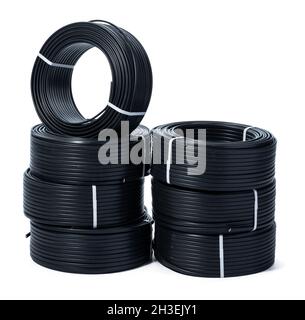 Coils of black cable isolated on white background Stock Photo