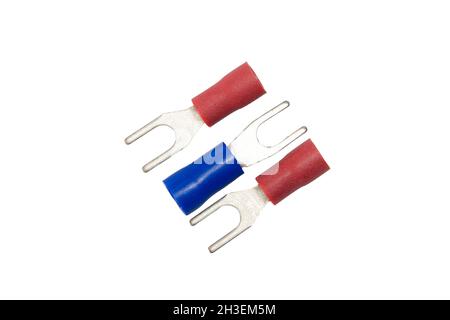 Electronic wire connector strip macro photo. Insulated Crimp Spade Connector. Isolated on white background. Stock Photo