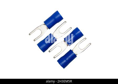 Insulated Crimp Spade Connector. macro photo. Isolated on white background. Stock Photo