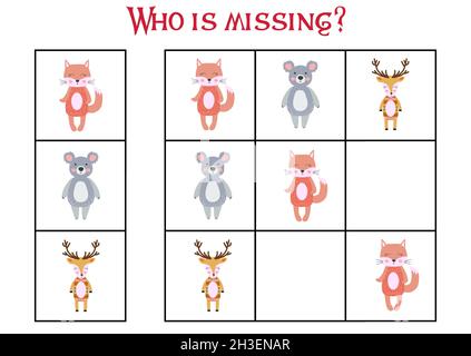 Children's game Find who is missing. Sudoku for kids. Children's puzzles. Educational game for children. Cute animals Stock Vector