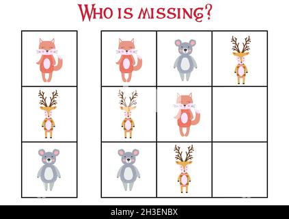Children's game Find who is missing. Sudoku for kids. Children's puzzles. Educational game for children. Cute animals Stock Vector