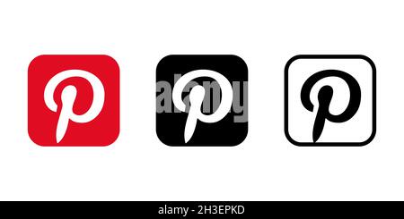 Pinterest icon set. Editorial image. VINNITSIA, UKRAINE. AUGUST 24, 2021 Stock Vector