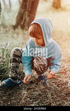 cute little five year old kid boy in blue hoodie collects twigs of brushwood for campfire in the village on nature outdoor on a summer evening. authen Stock Photo