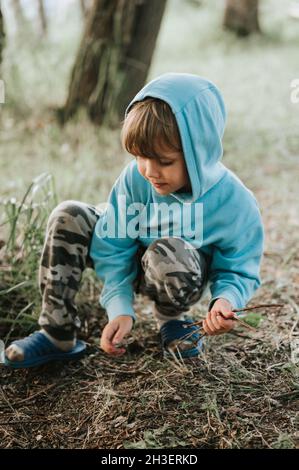 cute little five year old kid boy in a blue hoodie collects branches firewood for a campfire in the village on nature outdoor on a summer evening. aut Stock Photo
