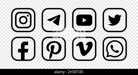 Social media logo icons isolated on transparent background. Editorial image. Vinnitsia, Ukraine. Fabruary 08, 2021. Stock Vector