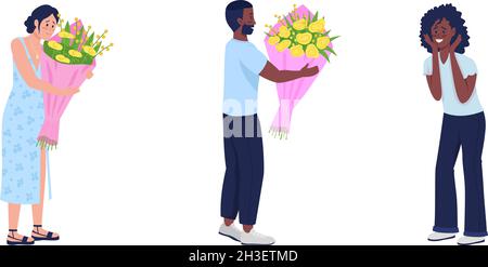 Giving and receiving bouquet semi flat color vector character set Stock Vector