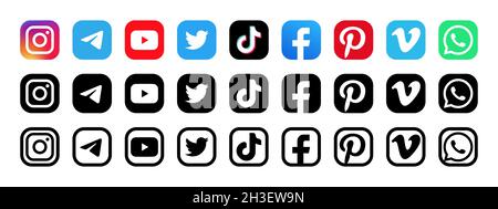 Social media logo icons isolated on white background. Editorial image. Vinnitsia, Ukraine. Fabruary 05, 2021. Stock Vector