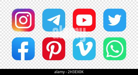 Social media logo icons isolated on transparent background. Editorial image. Vinnitsia, Ukraine. Fabruary 05, 2021. Stock Vector