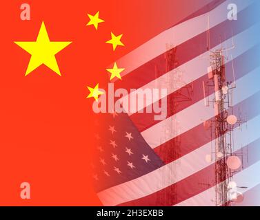 Flags of China and USA blended with image of mobile phone antennas. China Telecom, USA concept. Stock Photo