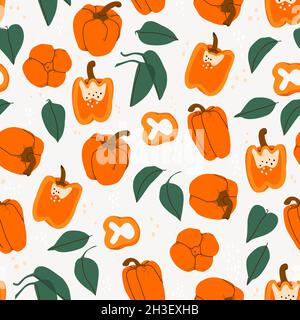 Vector seamless pattern with fruits, slices and leaves of bell pepper. Hand drawing paprika background. For design, print, textile, paper. Stock Vector