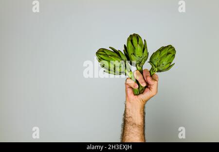 Hand holding three artichokes on white background Stock Photo