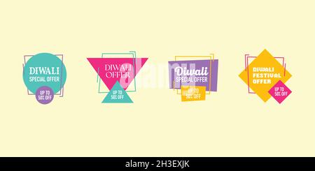 Diwali sale tags set vector badges template up to 50 % off. vector illustration, logo deign, sale offer, modern logo, sign, symbol, sticker, label. Stock Vector