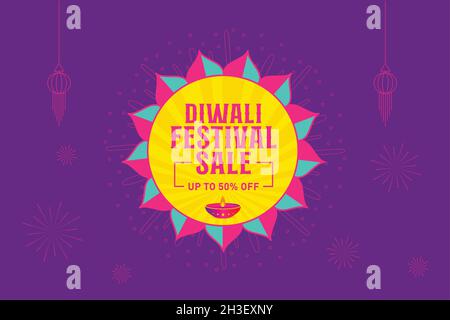 Happy Diwali discounts Upto 50% Off banner with hanging lamp and shiny graphics. Indian festival of light, sale offer, logo design, sticker, concept. Stock Vector