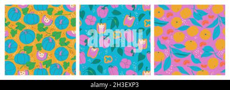 Set of decorative seamless patterns of fruits and vegetables, bell pepper, tangerine, pumpkin. Hand drawing pieces, twigs and leaves. Ideal for prints Stock Vector