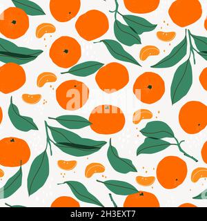 Vector seamless pattern with mandarin fruits, slices and leaves. Hand drawing tangerine background. For design, print, textile, paper. Stock Vector