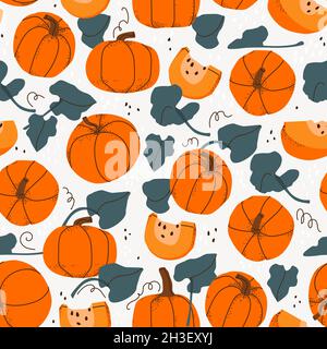 Vector seamless pattern with pumpkin fruits, slices and leaves. Hand drawing autumn background. For design, print, textile, paper. Stock Vector