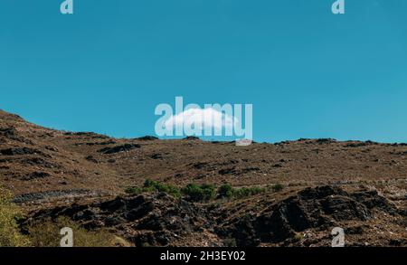 A single cloud above mountain hill with pine trees against blue sky on summer Stock Photo