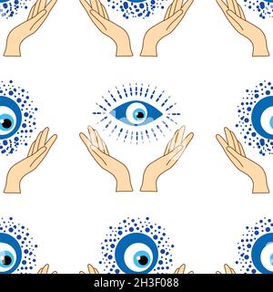 Evil eye seamless pattern. Magic, witchcraft, occult symbol. Hamsa eye, magical eye, decor element. Blue white golden eyes. Fabric textile giftware wallpaper Stock Vector