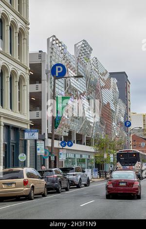 801 Filbert Street, Parkade on 8th, has distinctive modern façade along Arch Street. Stock Photo