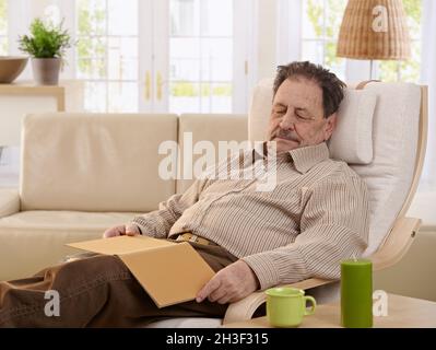 Senior man sleeping in armchair Stock Photo