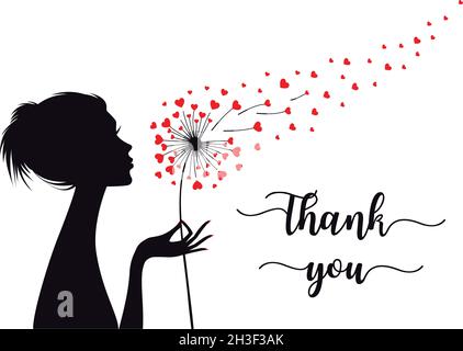 Woman holding dandelion flower with flying hearts, vector illustration for thank you cards Stock Vector