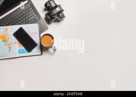 flat lay, world map, camera and coffee Stock Photo