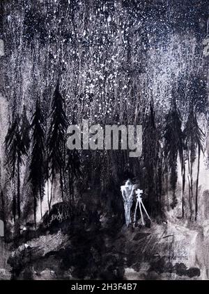 Monochrome, black and white watercolor painting of photographer shooting galaxy, milkyway in a forest at night. Hand painted illustration. Stock Photo