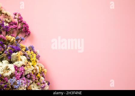 Flower composition. Frame made of dried multi-colored flowers. Flat lay, top view with place for text. Stock Photo
